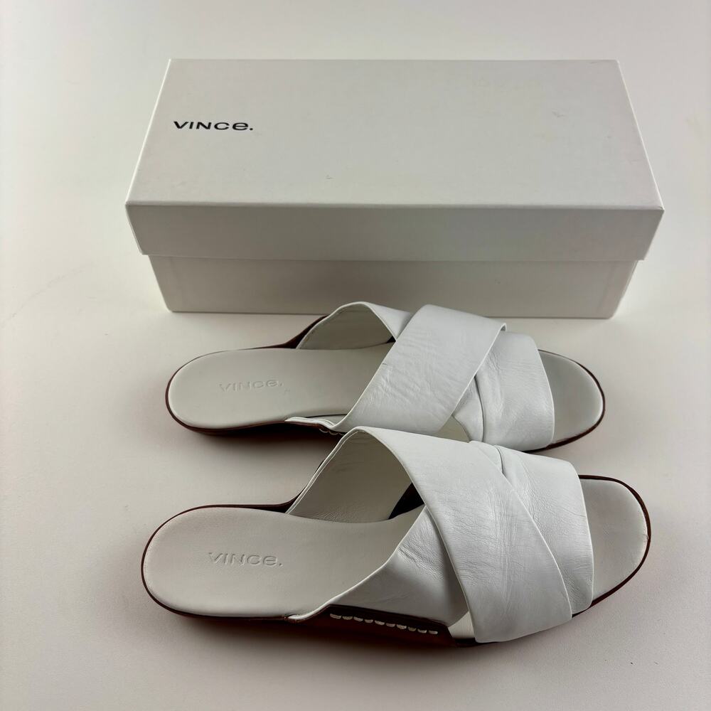 Vince Tamara White Leather Slide Sandals Womens Size 8M Criss Cross